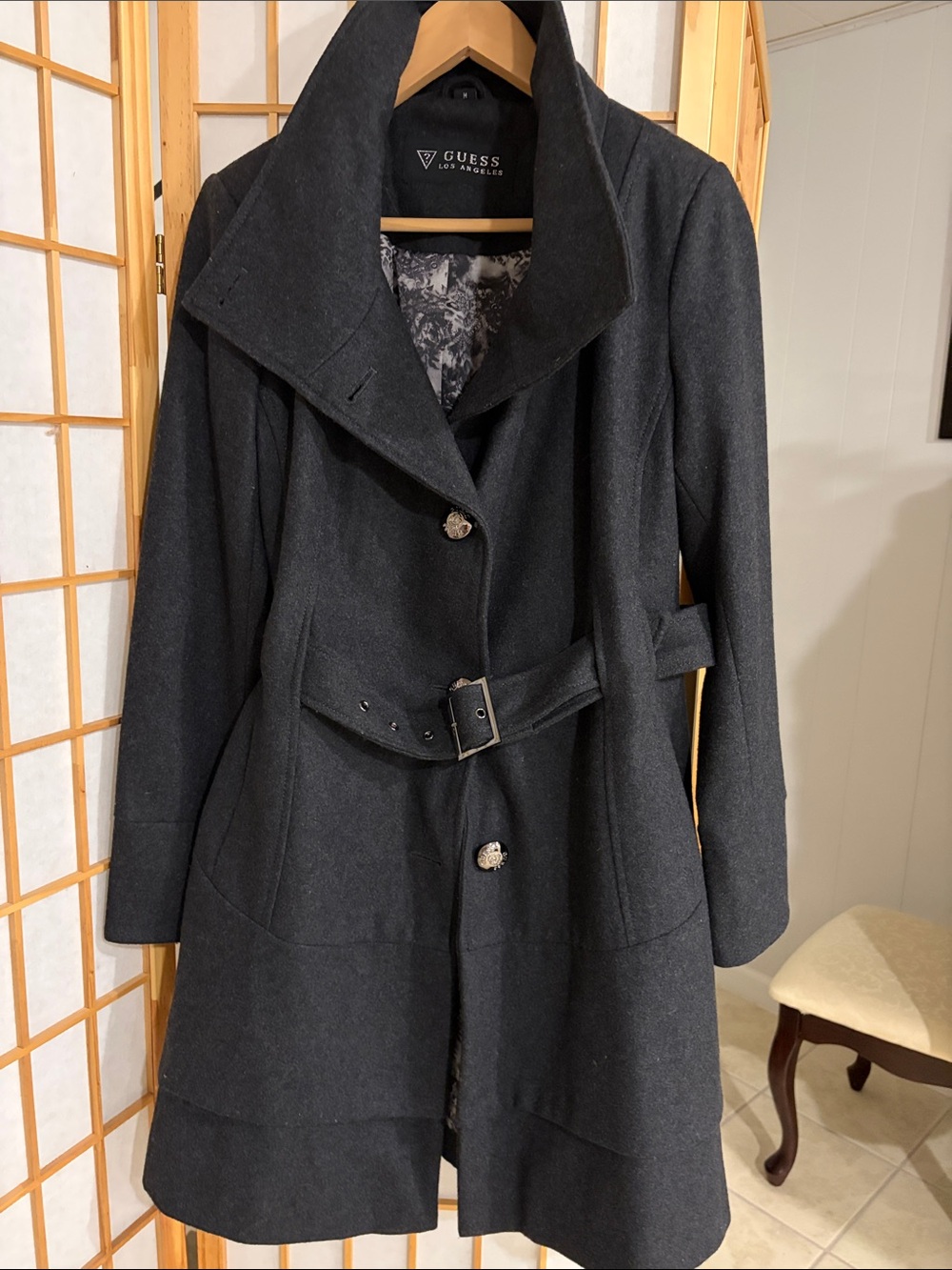 Guess Dark Gray Belted Tailored Wool Trench Coat